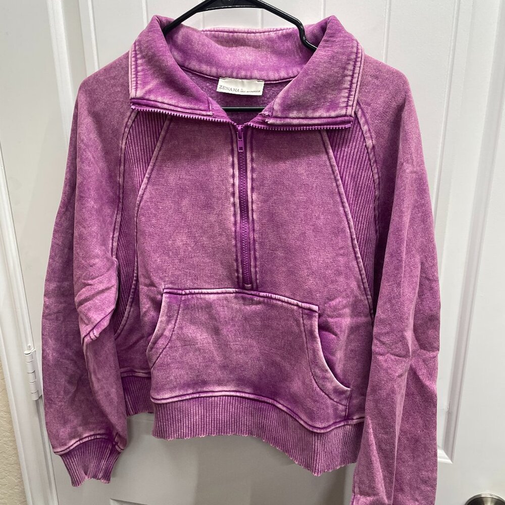 Zenana Outfitters Acid Wash Plum Half-Zip Fleece Pullover Size Large NWOT - Picture 4 of 8